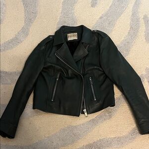 Reiss Dark Green Leather Biker Jacket